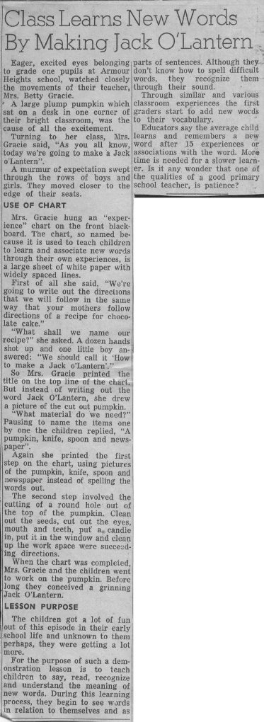 1956 Armour Heights Mrs Gracie class pumpkin Oct 30 Examiner text