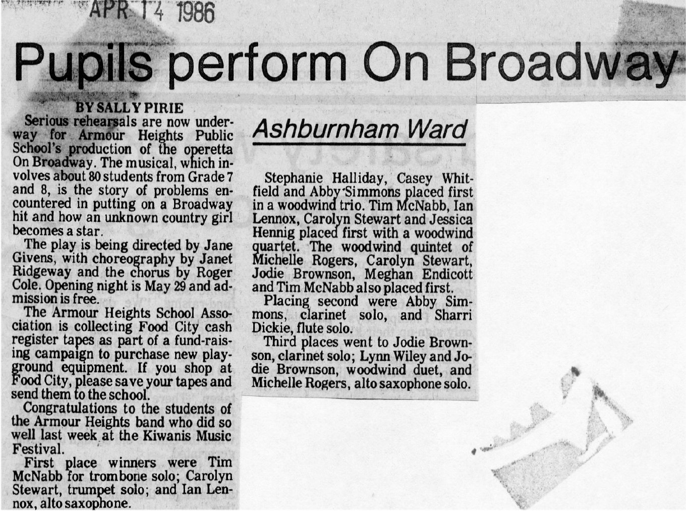 1986 Apr 14 grades 7 and 8 perform On Broadway