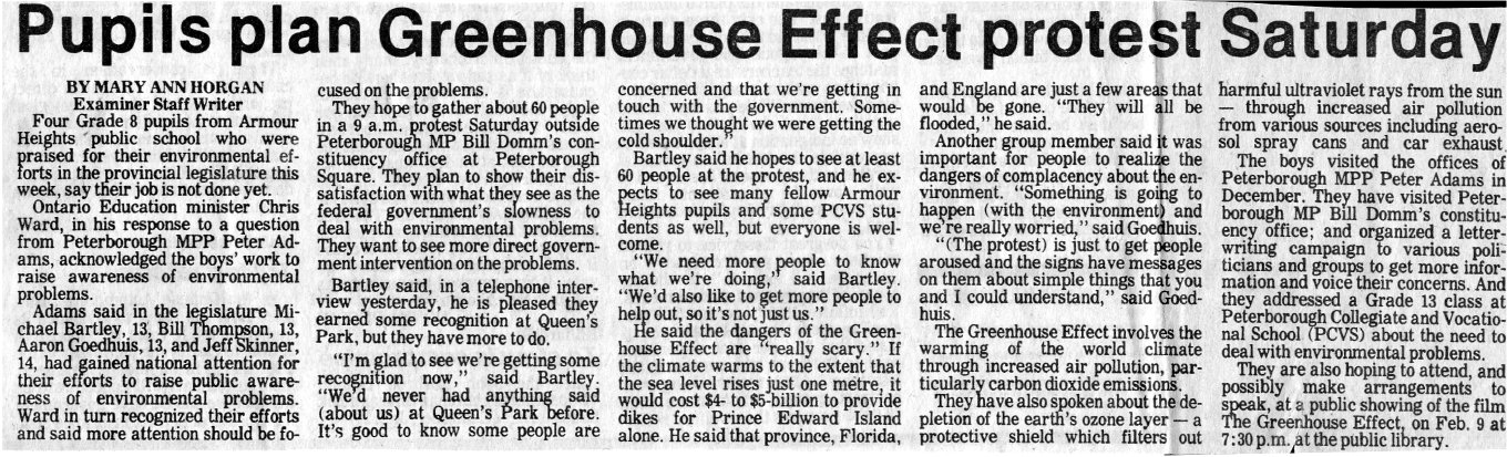 1989 Feb 2 pg 3 Examiner Greenhouse Effect Protest Planned by 4 Grade 8 pupils