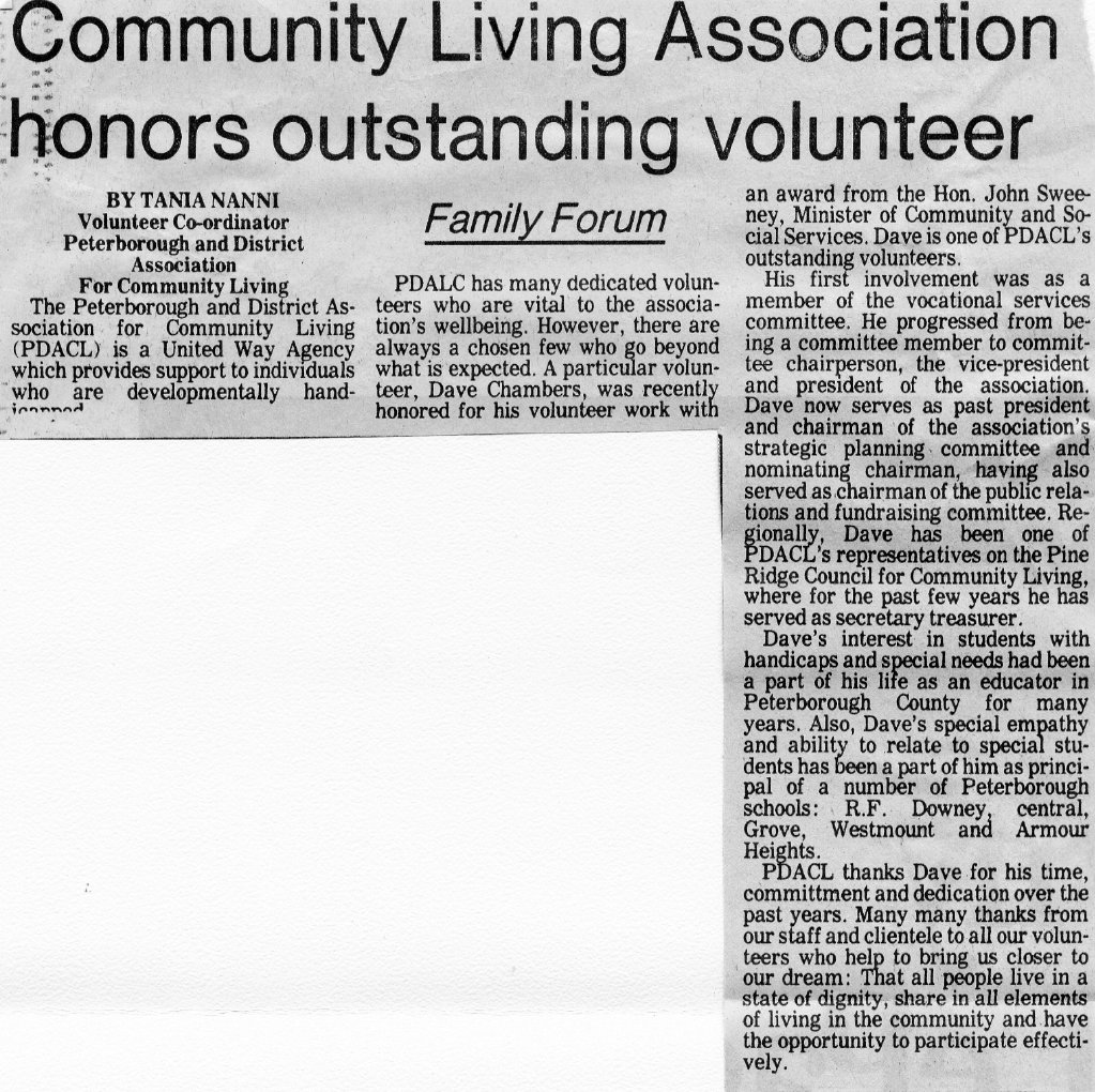 1989 May 13 Dave Chambers principal honoured for volunteer work