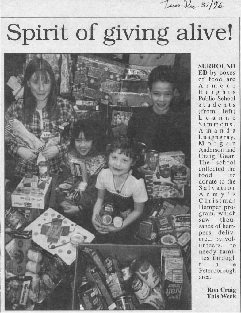 1996 Dec 31 This Week food drive Leanne Simmons Amanda Luagngray Morgan Anderson Craig Gear