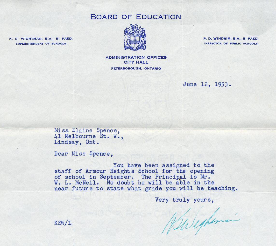 1953 confirmation of employment to Elaine Spence