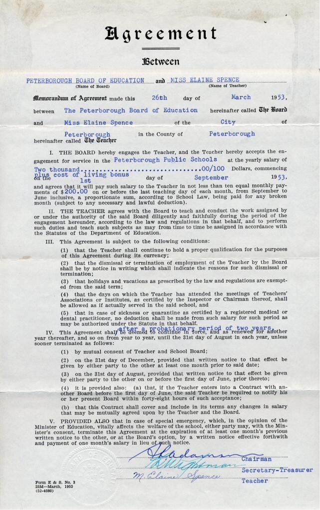 1953 employment contract for Elaine Spence