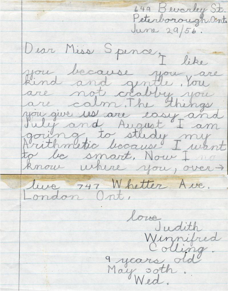 1956 Judy Colling letter for Miss Spence