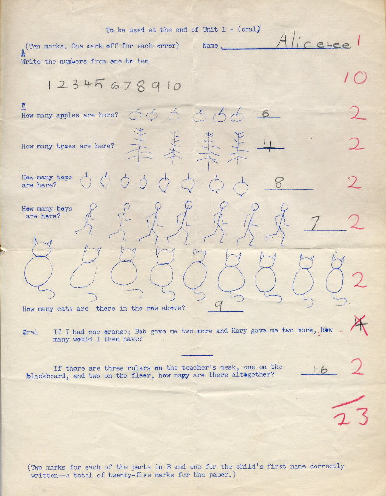 1956 or 1957 Grade 1 math test Alice Lee