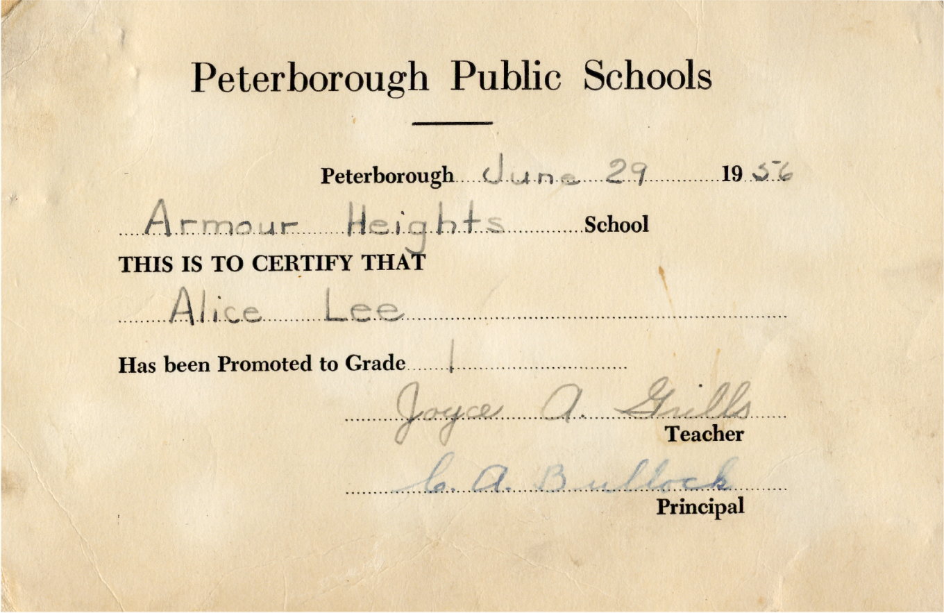 1956 promotion card to Grade 1 for Alice Lee